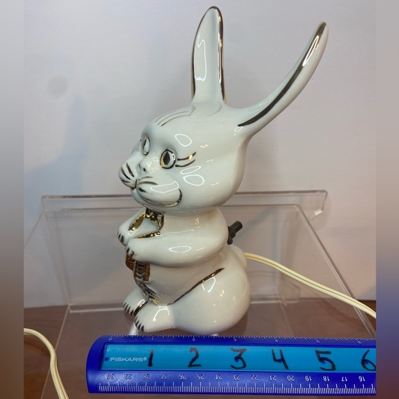 Vintage MCM Porcelain Bunny Rabbit w/ BowTie Children’s Night Light, White/Gold - Picture 8 of 9